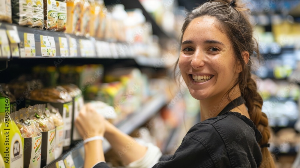 Smiling woman in black shirt working in a grocery store aisle surrounded by various packaged products.
