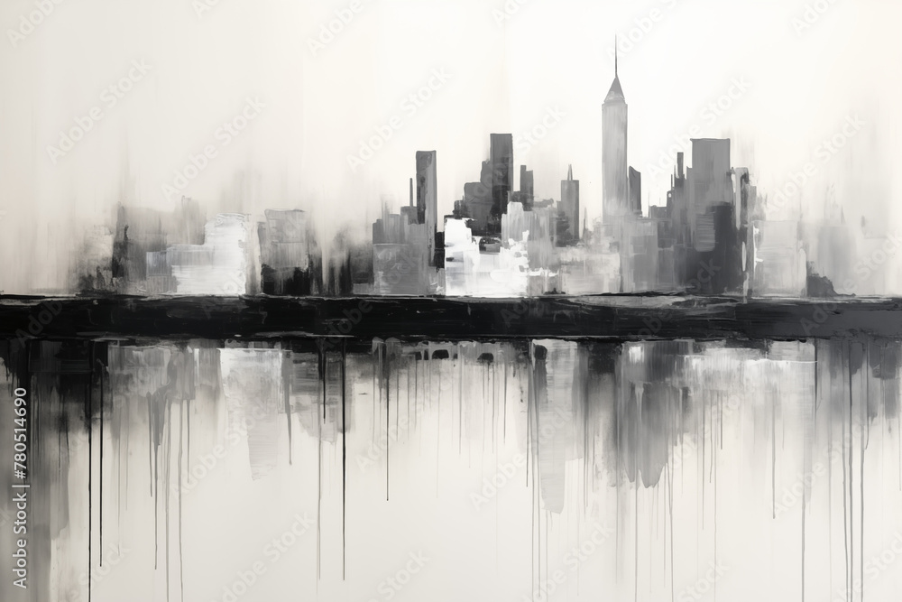 Naklejka premium Gray Black and White Abstract modern smudges oil painting brush strokes monochromatic architectual skyline skyscrpers