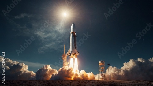 Space shuttle launching into sky, surrounded by massive plume of smoke, steam that billows outwards, engulfing launch pad. Intense heat, light from engines illuminate scene with ethereal glow.