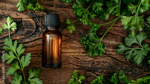 patchouli essential oil in a bottle. selective focus.
