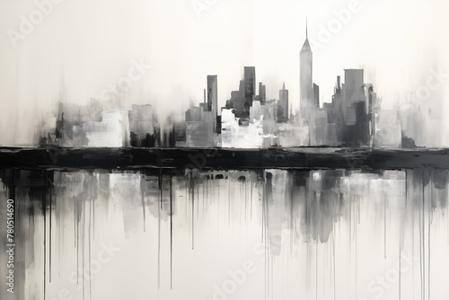 Gray Black and White Abstract modern smudges oil painting brush strokes monochromatic architectual skyline skyscrpers