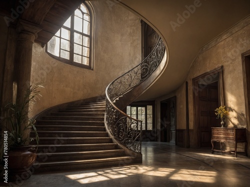 Sunlight streams through large arched window, casting intricate patterns of light, shadow across elegant, curving staircase adorned with ornate wrought iron railings. Warm glow illuminates aged walls.