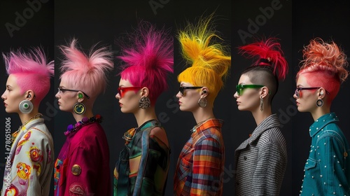 A grid of images with various punk hairstyles and outfits  each with a simple black background to emphasize boldness and creativity.Generative AI illustration