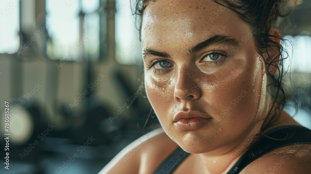 A woman with a sweaty face glowing skin and intense gaze in a gym setting with blurred equipment in the background. A woman with a sweaty face glowing skin and intense gaze in a gym setting with blurred equipment in the background.