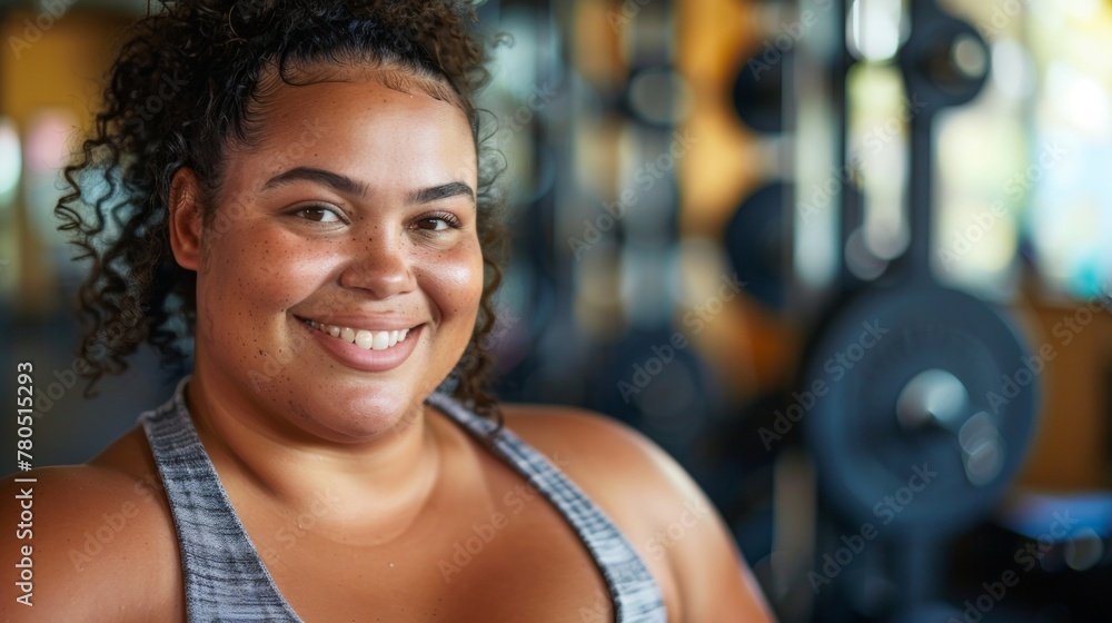 Smiling woman with curly hair wearing a tank top standing in a gym with exercise equipment in the background. Smiling woman with curly hair wearing a tank top standing in a gym with exercise equipment in the background.