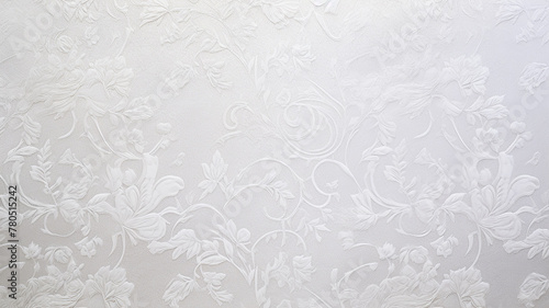 white delicate background with vintage floral wallpaper ornament on the wall copy space blank, gray luminous shades