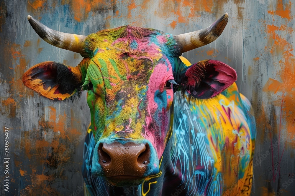 colorful bull with spray paint on it