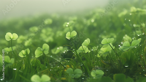 morning in the forest, fresh shoots shamrock in dew drops, forest sour green background nature