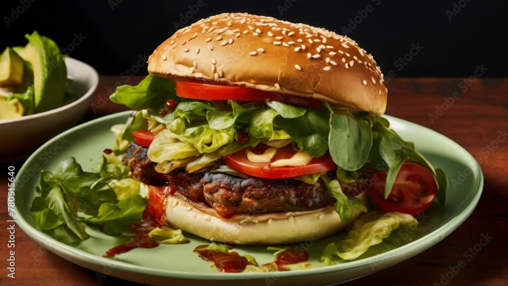A large hamburger with lettuce, tomato, and cheese on a green plate A large hamburger with lettuce, tomato, and cheese on a green plate
