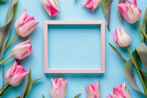 Wallpaper Mural Spring's Elegance: Tulips & Frame on Pastel Blue - A Generative AI Creation Torontodigital.ca