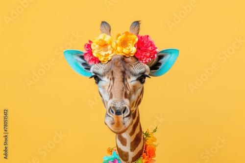 Floral Elegance: Giraffe Adorned with a Rainbow of Blossoms - Generative AI © Gelpi