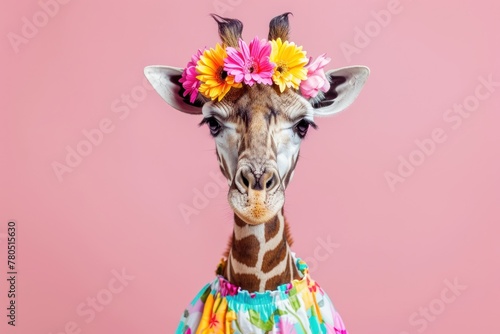 Floral Elegance: Giraffe Adorned with a Rainbow of Blossoms - Generative AI