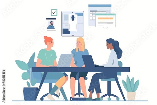 flat illustration with a laptop behind some people standing in an office