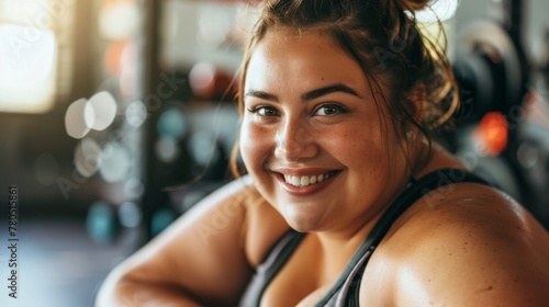 Smiling woman with curly hair wearing a black tank top sitting in a gym with blurred equipment in the background. Free Download Smiling woman with curly hair wearing a black tank top sitting in a gym with blurred equipment in the background. - GFXLoad