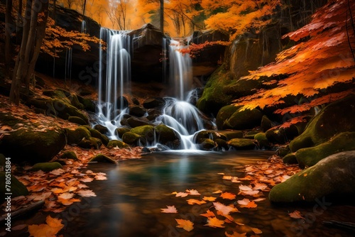 A hidden waterfall in a forest  surrounded by trees displaying their fall brilliance.