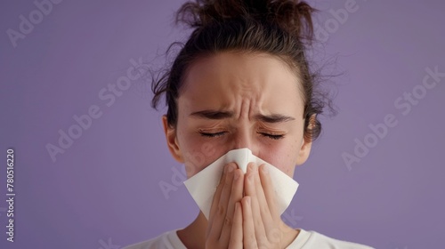 A young woman with closed eyes holding a tissue to her nose expressing discomfort or distress against a purple background.