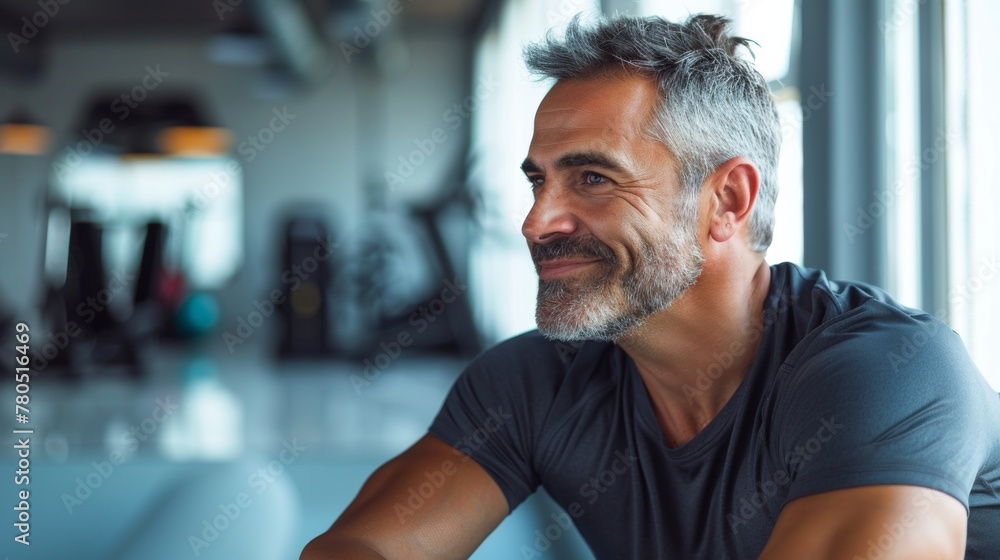 Smiling man with gray beard and hair wearing a black t-shirt sitting in a modern gym with a window in the background. Smiling man with gray beard and hair wearing a black t-shirt sitting in a modern gym with a window in the background.