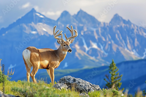 Deer in front of mountains on a nature background. Generative ai © Sugarpalm