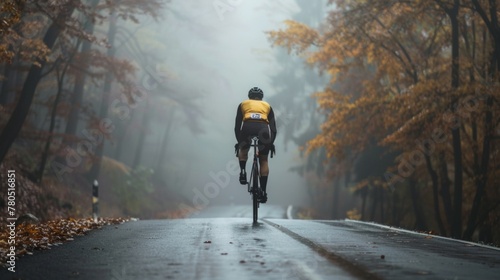 A cyclist in a yellow jersey and black shorts riding a bicycle on a foggy autumn-colored road.