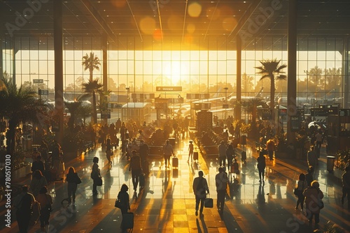 Fun event at city airport, crowd walks past palm trees towards sunset horizon