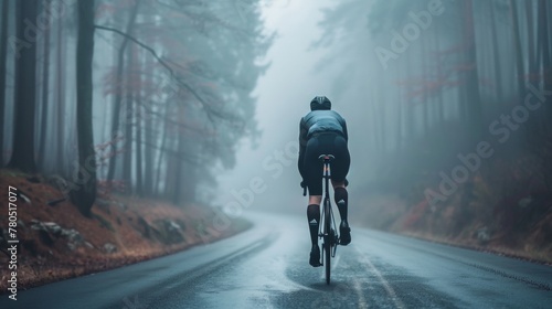 A cyclist in a black and blue outfit riding a bicycle on a foggy wet road through a forested area.