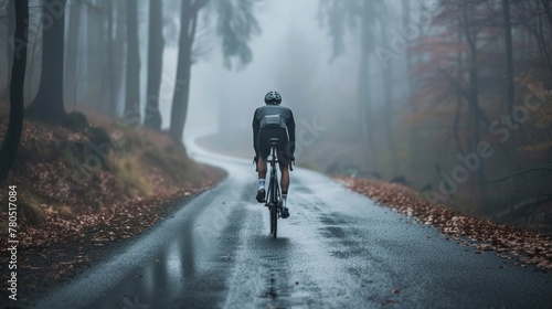 A lone cyclist in a black outfit riding down a misty tree-lined road with fallen leaves on the sides.