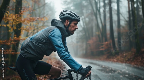 Man in cycling gear riding bicycle on wet road through misty forest.