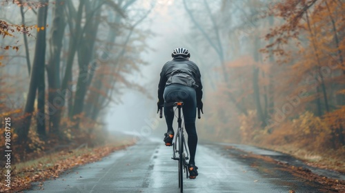 A cyclist in a black jacket and helmet riding a bicycle on a foggy leaf-covered road in a forest during autumn. © iuricazac