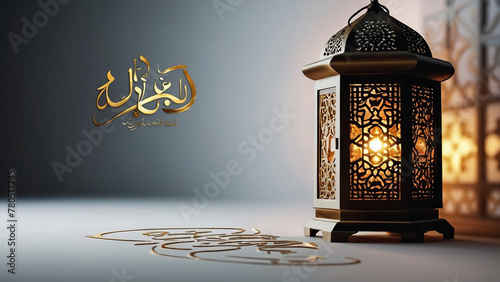 islamic Lentern on dark, beutiful lighting 3d rendering illustration, eid mubarak background photo