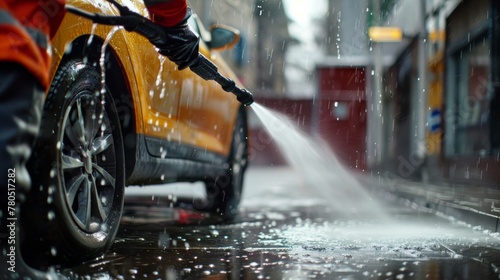 A person in an orange vest washing a car with a high-pressure hose on a rainy day.