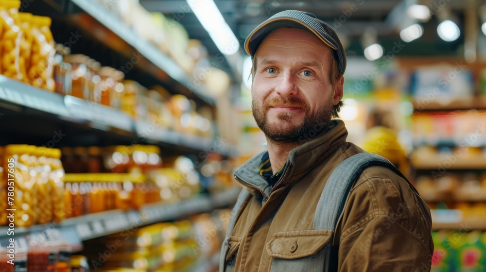 A man with a beard and cap wearing a brown jacket standing in a supermarket aisle with various products.