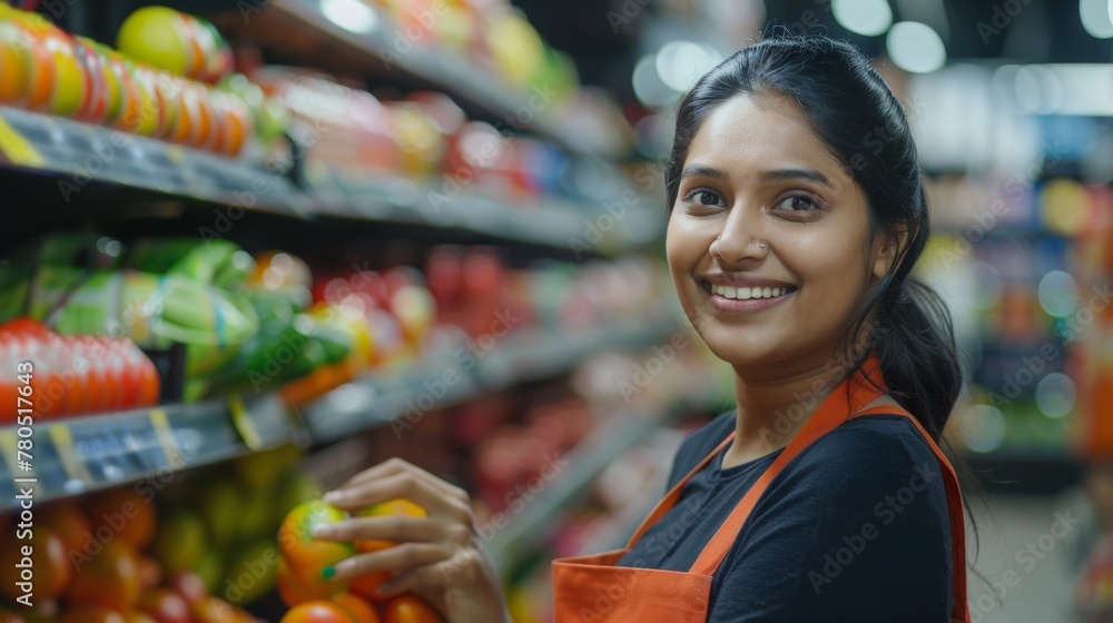 Smiling woman in orange apron holding fruit in supermarket aisle.