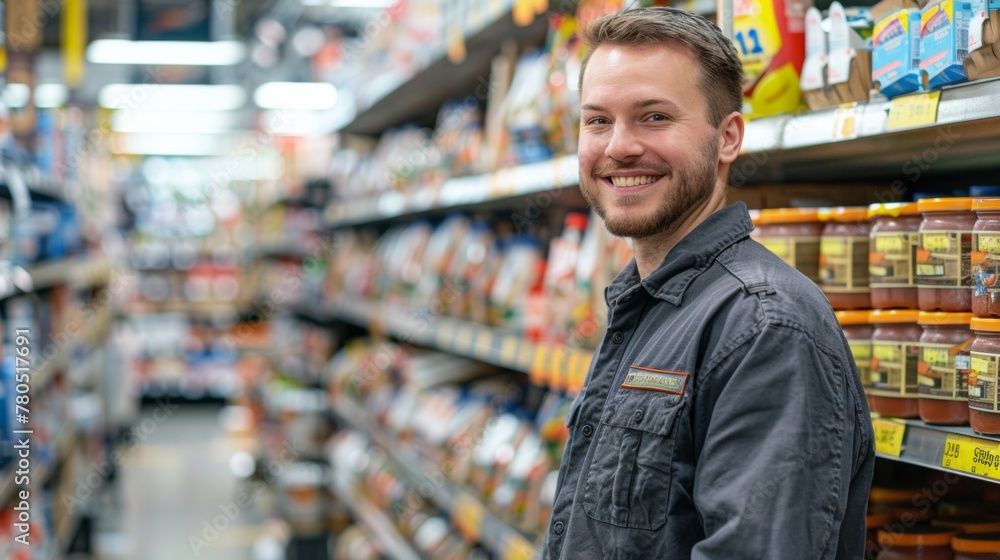 Smiling man in a store aisle wearing a gray shirt with a name tag standing in front of a shelf stocked with various jars of sauce.