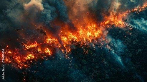 Bird's eye view from above of environmental catastrophe caused by wildfires in the Amazon region of South America.