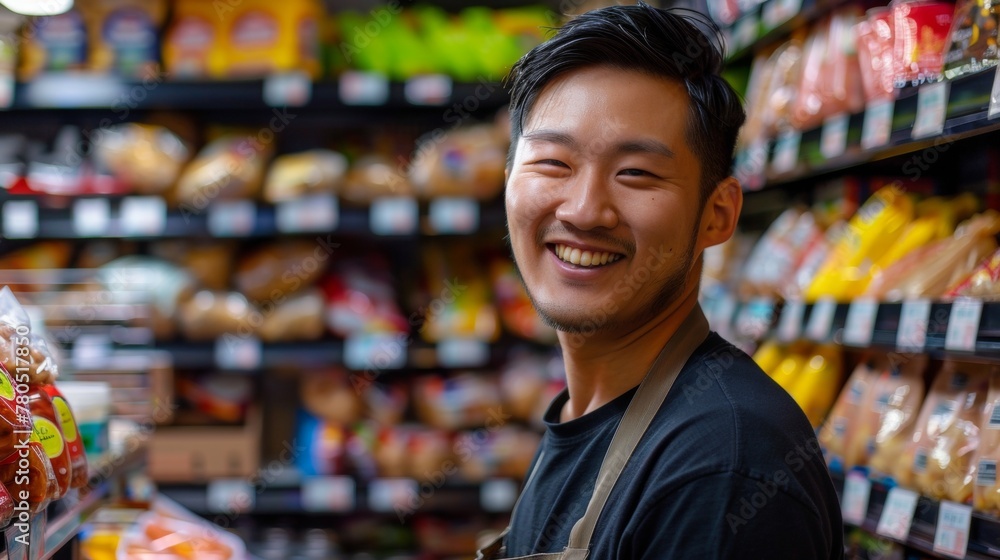 Asian man smiling at camera standing in front of well-stocked grocery store shelves with various packaged foods and beverages.