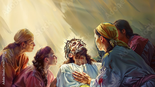 A painting of Jesus Christ at crucifixion with four women surrounding him photo