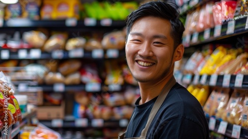 Asian man smiling at camera standing in front of well-stocked grocery store shelves with various packaged foods and beverages.
