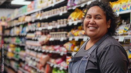 A smiling woman in a store aisle wearing a gray shirt and denim overalls standing in front of a variety of packaged products.