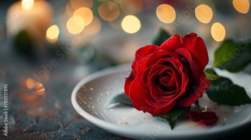 Red rose on white dish.Meal on Valentines Day