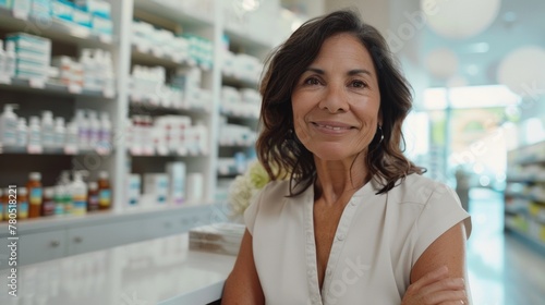 Smiling woman in white blouse standing behind counter in pharmacy with shelves of medications in background.