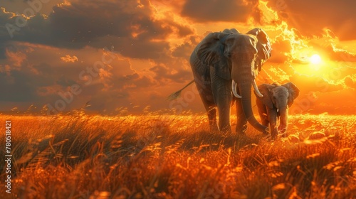 An endearing illustration of a mother elephant leading her baby elephant through a field of tall grass  with the setting sun casting a warm  golden glow over the scene