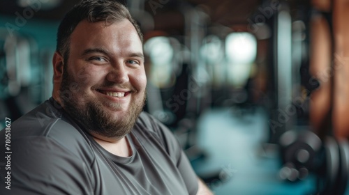 Smiling man with beard in gym wearing gray shirt surrounded by exercise equipment.