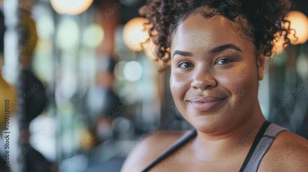 A woman with curly hair wearing a sports bra smiling in a gym setting with blurred lights in the background. A woman with curly hair wearing a sports bra smiling in a gym setting with blurred lights in the background.