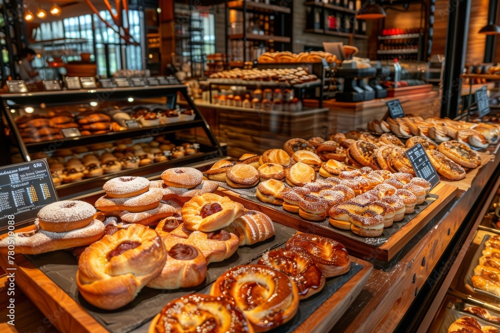 Assorted pastries on wooden trays in a cozy bakery interior, with a focus on jelly-filled pastries and sugar-dusted doughnuts, Concept of warm hospitality, gourmet baking, and delightful sweets.