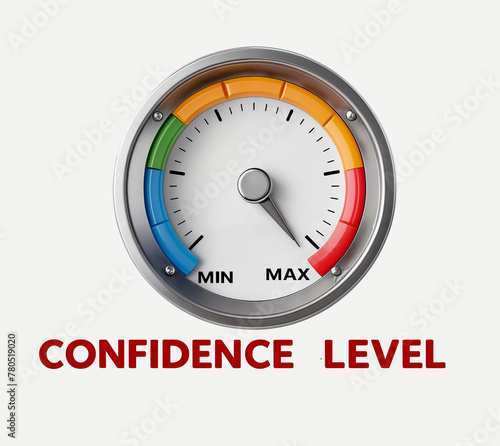 3d render illustration of a meter gauge with the text word CONFIDENCE LEVEL beneath it with Min and Max mark for minimum and maximum. Background is white