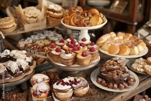 An elaborate display of various desserts and pastries, including chocolate-topped brownies and raspberry cupcakes, Concept of bakery abundance, confectionery variety, and delightful indulgence.