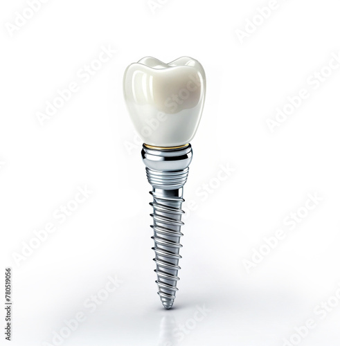 3d render illustration of a single tooth on top of a metal screw on white background. Concept of root canal crown cap dental procedure