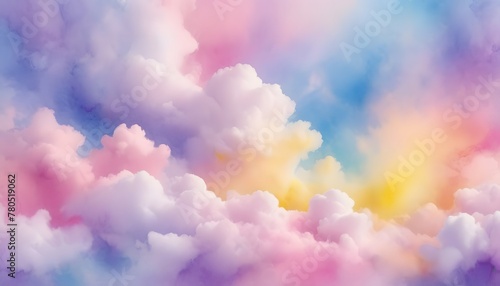 Colorful watercolor background of abstract sunset sky with puffy clouds in bright rainbow colors of pink blue yellow orange and purple