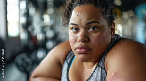 A young woman with curly hair wearing a grey tank top sitting in a gym with weights in the background looking directly at the camera with a serious expression.