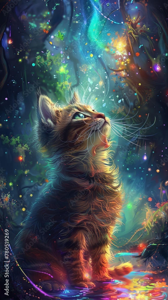 LSD dreams cats in glowing forests, with rainbow rivers